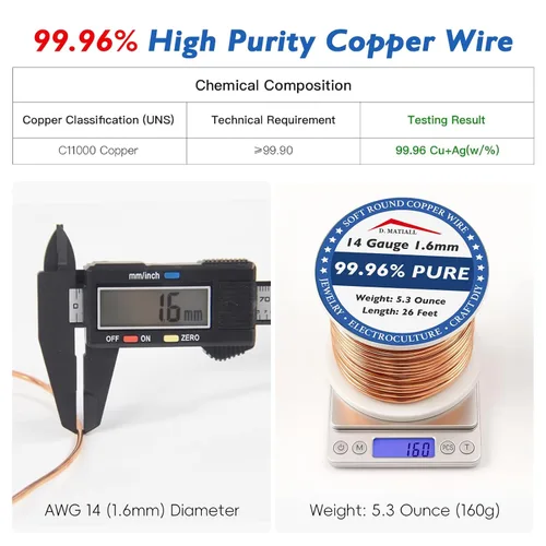 Miniatura 2 de Alambre de cobre 99.95% puro – calibre 14 1.6mm – 26 pies, carrete de 5.3 onzas – Alambre de cobre suave C11000 para manualidades, jardinería