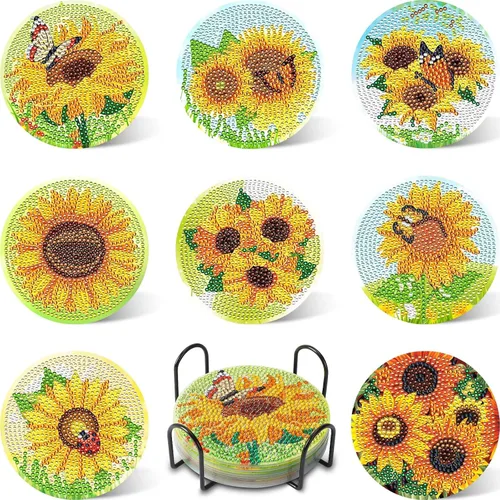 Miniatura 12 de UPINS 8 piezas de kits de pintura de arte de diamante con mandala, posavasos de arte de diamante con soporte, kits de arte de diamante Mandala azul