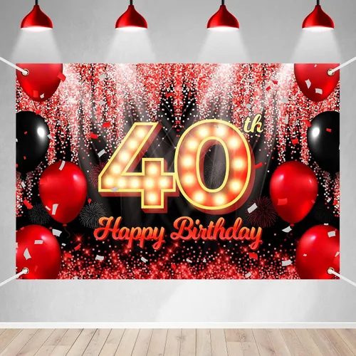 Miniatura 23 de Telón de Fondo Banner de Feliz 10º Cumpleaños Tema Negro y Rojo con Fondo de Neón Brillante y Moda para Fiesta de Cumpleaños Fotografía Accesorio