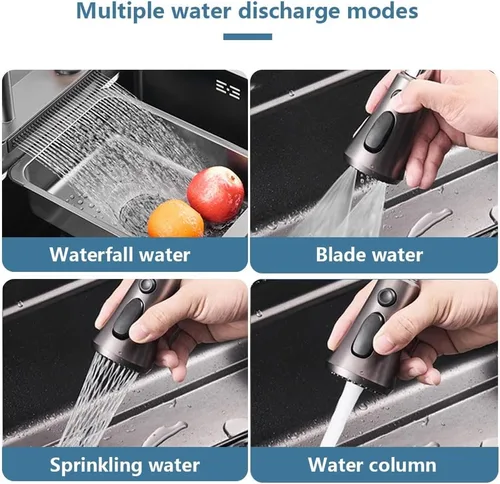 Miniatura 5 de Fregadero de cocina negro con cascada, fregadero de barra de acero inoxidable de un solo cuenco con lavavasos, fregadero de cocina de estación