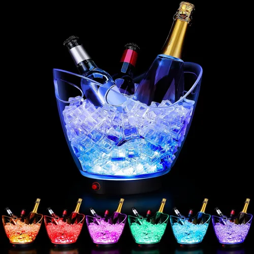 Umigy Cubo de hielo de plástico transparente de 5L LED de 5 L, luz de gran capacidad, enfriador LED colorido RGB con luces para champán, vino,