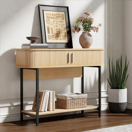 Miniatura 8 de Mesa de Entrada Moderna de Mediados de Siglo de 40", Mesa Consola Acanalada Ultra Delgada con Almacenamiento y Puertas Corredizas, Mesa de Sofá