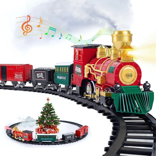 OCHIDO Juego de Tren de Navidad, Juego de Tren Eléctrico con Humo, Luces y Sonido, Juego de Tren de Juguete para Debajo del Árbol de Navidad,