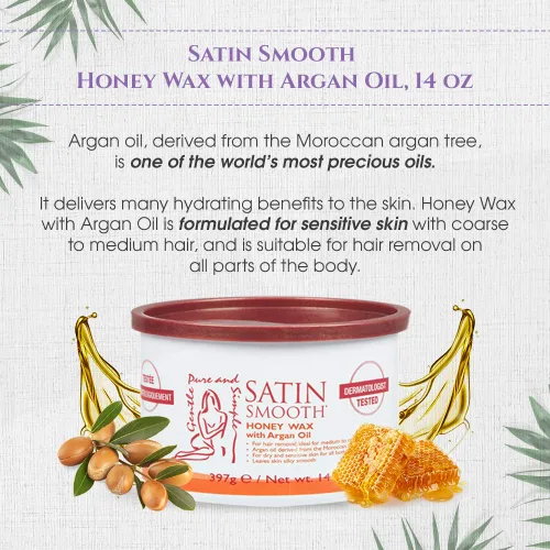 Miniatura 2 de Cera de depilación Satin Smooth Honey con aceite de argán, para cabello medio a grueso, depilación de cuerpo completo, ideal para piel sensible, 14oz