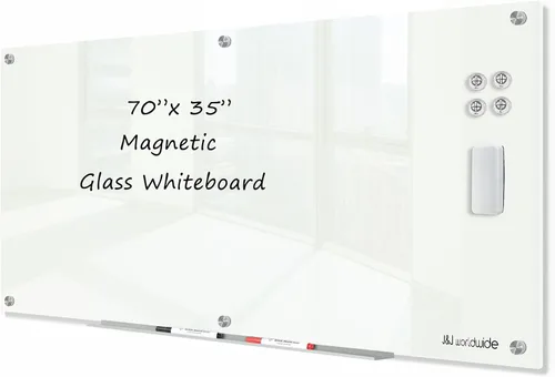 Miniatura 20 de J&J worldwide Pizarra blanca de vidrio magnético negro de 35 x 23 pulgadas, sin marco, de vidrio templado, borrado en seco, para montaje en pared