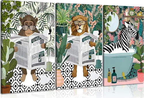 3 piezas de lienzo de animales de la selva para baño, arte de pared de cebra en la bañera, imágenes de mono león en el inodoro, lectura de
