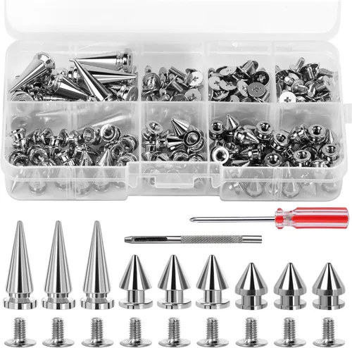 Miniatura 9 de QMNNMA Kit de 120 Juegos de Pinchos y Tachuelas Punk, Pinchos Cónicos de 4 Colores, Tachuelas Atornillables de Pinchos Metálicos de 3 Tamaños