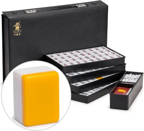Yellow Mountain Imports Juego de Riichi Mahjong Japonés – Fichas de Tamaño Estándar Blancas y Amarillas – con Ficha de Viento del Este y Estuche de