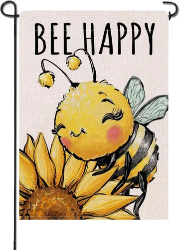 Artofy Bandera decorativa pequeña para jardín de primavera y verano con diseño de abejorros y girasoles, flor feliz de abeja, decoración exterior de