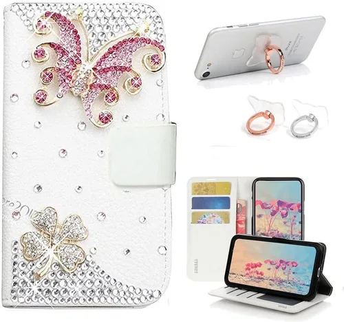 Miniatura 7 de Bling - Funda tipo cartera compatible con iPod Touch 5 y iPod Touch 6, elegante funda de piel con diseño de mariposa 3D hecha a mano con soporte