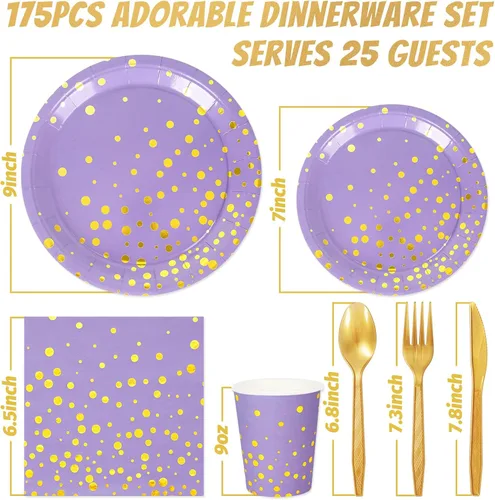 Miniatura 2 de Whaline Juego de vajilla de lavanda de 175 piezas de papel de aluminio morado con puntos dorados, platos de papel, servilletas y tazas para 25