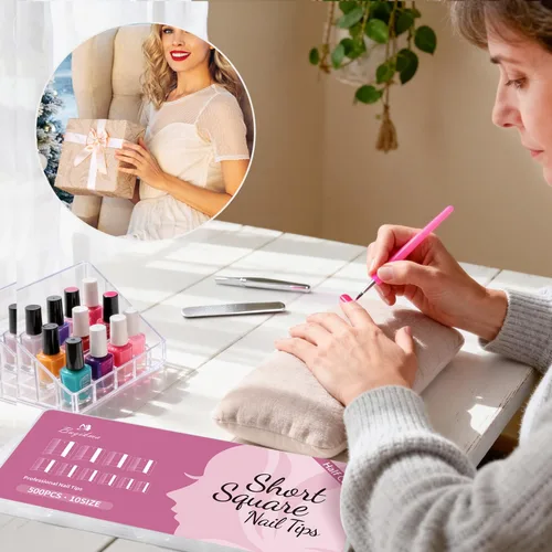 Miniatura 9 de Buqikma 500 puntas de uñas cortas para uñas acrílicas, puntas artificiales cortas transparentes para manicura con caja (caja rosa con puntas)