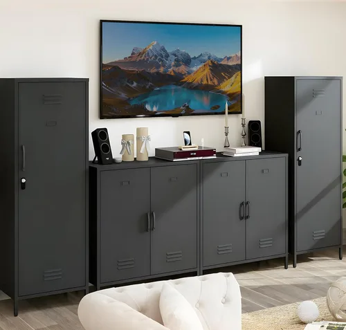 Miniatura 9 de Armario de almacenamiento de metal con puertas y estante, gabinetes de almacenamiento para oficina, aparador para oficina, sala de estar, comedor