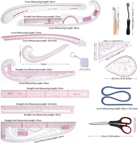 Miniatura 6 de HLZC Regla curva francesa para hacer patrones, juego de reglas de costura transparentes de 15 piezas para principiantes y diseñadores de sastres
