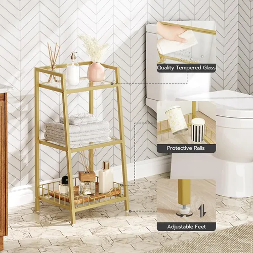Miniatura 5 de HOOBRO Soporte de estante de vidrio dorado, unidad de estante de pie de 3 niveles, organizador y almacenamiento de baño, estantes de almacenamiento