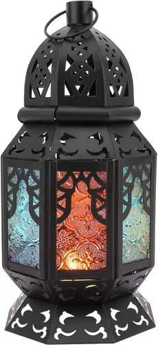 Lewondr Farol de vela retro de hierro Ramadán, portátil de hierro forjado marroquí, de 10.2 pulgadas, portavelas decorativo, lámpara colgante,