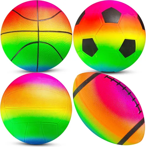 Conjunto de pelotas deportivas PlayBolt (paquete de 4, 12.7 cm) - Mini baloncesto arcoíris, fútbol, fútbol americano y pelotas de patio con bomba de