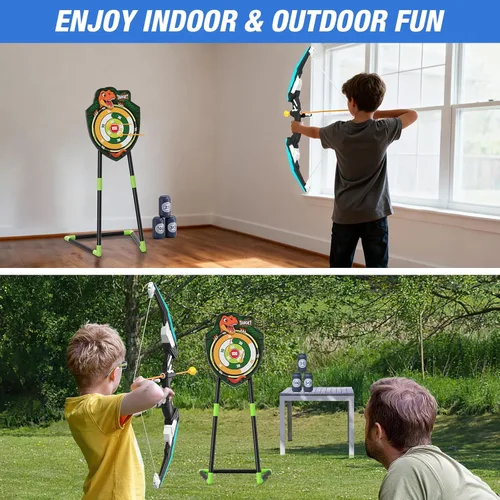Miniatura 7 de HYES Arco y flecha para niños, juego de tiro con arco con luz LED con 12 flechas de ventosa, 1 blanco de pie, 3 blancos de puntuación y 1 carcaj