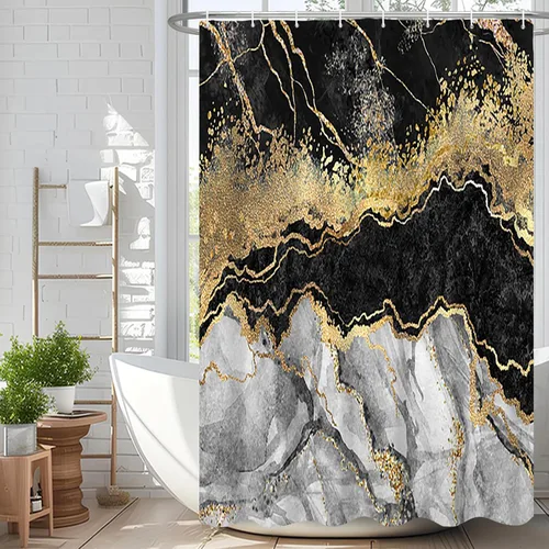 Cortina de ducha abstracta de mármol negro gris y dorado con grietas, cortina de baño moderna ombre impresa, cortina impermeable y lavable de tela,