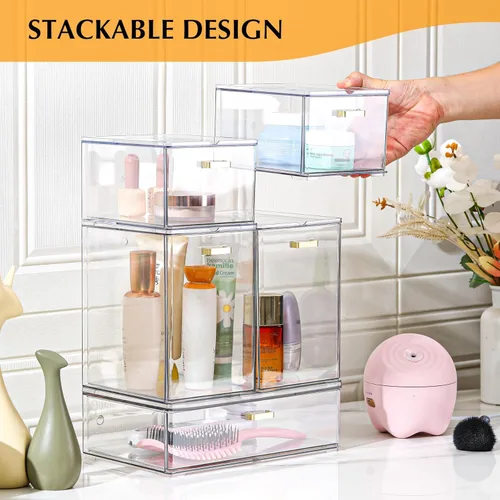 Miniatura 7 de LALOBLUE Juego de 5 cajones de almacenamiento apilables, cubos organizadores de acrílico transparente para suministros de belleza, perfectos