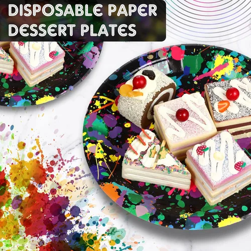 Miniatura 3 de Baderke 48 platos de neón de 9 pulgadas y 7 pulgadas que brillan en la oscuridad, suministros de fiesta, platos desechables de neón de papel