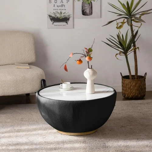 Miniatura 4 de Mesa auxiliar redonda de 29.53 pulgadas, mesas de cóctel modernas con textura vertical decorativa, mesas centrales de cuenco negro de 29.53