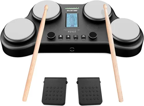 PD405 Juego de batería eléctrica de mesa, con 163 sonidos de percusión, 4 almohadillas sensibles a la velocidad, 2 pedales y baquetas, regalo de