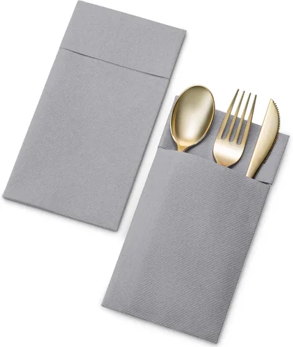 Miniatura 3 de Servilletas desechables de lino con bolsillo integrado para cubiertos, paquete de 50 servilletas de papel gris preplegadas como servilletas de papel