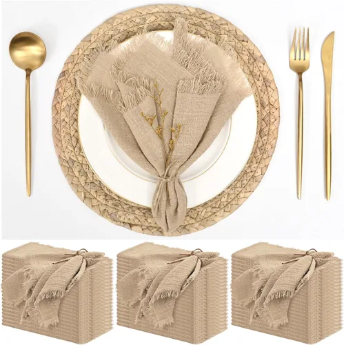 Miniatura 13 de Paquete de 12 servilletas de lino y algodón beige de 16 x 16 pulgadas, hechas a mano con flecos, servilletas de tela suave, lavables y rústicas