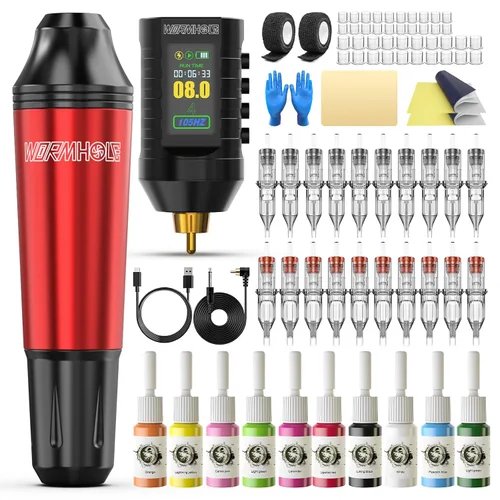 Miniatura 9 de Wormhole Kit de máquina de tatuaje inalámbrica, 2 piezas, fuente de alimentación inalámbrica de tatuaje, 20 agujas de cartucho, kit de máquina