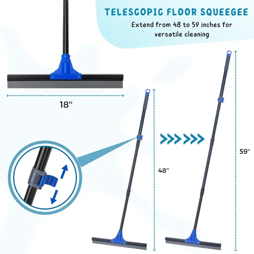 Miniatura 3 de Escurridor de Piso con Mango Telescópico Largo de 59'', Escoba de Goma Resistente de 18" para Hormigón, Azulejos de Baño, Garaje, Terraza