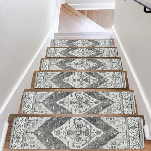 Miniatura 13 de OJIA Peldaños de escalera antideslizantes para escalones de madera en interiores, 15 piezas de 8"x30" alfombras con respaldo de goma para peldaños