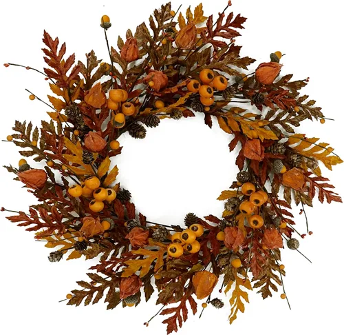 WreathDream Corona de otoño de 20 pulgadas, corona de hojas de roble con capa de grosella, hoja de roble, bellota, baya, cono de pino para puerta