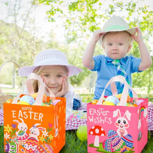 Miniatura 6 de SULOLI Bolsas de regalo de Pascua, bolsas de compras no tejidas de Pascua con asas para fiestas de vacaciones (paquete de 8), Verde, naranja, rosa
