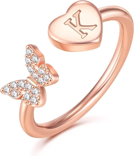 Anillos apilables con iniciales para mujeres y niñas, chapados en oro rosa, con letra mayúscula, para mujeres, adolescentes, niñas, anillos