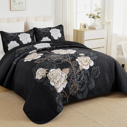 Miniatura 2 de Anibedding Juego de edredón floral tamaño Queen, elegante colcha cubrecama negra con estampado floral de 3 piezas, juego de ropa de cama