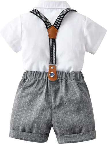 Miniatura 2 de Conjunto de traje de caballero de manga corta para bebé niño con corbatín + pantalones cortos con tirantes y pantalones cortos para bautizo festivo
