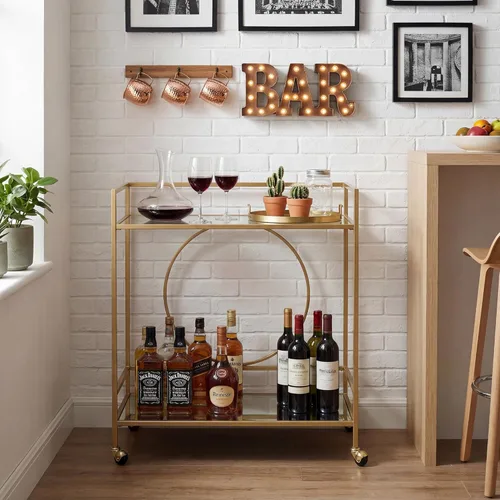 Miniatura 10 de RiteSune Carrito de bar negro con ruedas, carrito de servir vintage con 2 estantes de espejo, carrito de alcohol para bar en casa