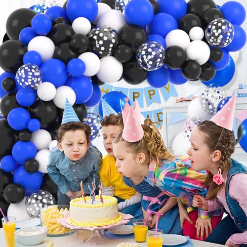 Miniatura 5 de Guirnalda de arco de globos azul real, negro, plateado y blanco, globos de confeti plateado metálico azul, negro, blanco, globo de videojuegos