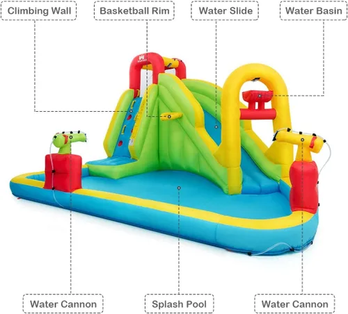 Miniatura 7 de HONEY JOY Tobogán acuático inflable, parque acuático inflable 7 en 1 para patio trasero de niños, piscina de chapoteo, pared de escalada, toboganes