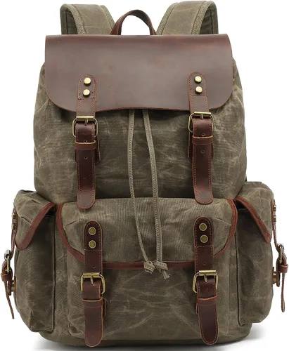 HuaChen Mochila vintage de lona encerada con solapa de cuero genuino, mochila de viaje y trabajo, mochila resistente al agua con bolsillo antirrobo,