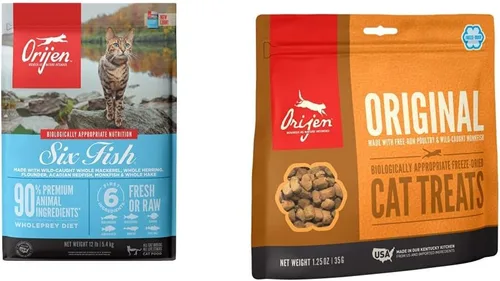 ORIJEN Alimento seco para gatos, sin granos, premium, alto en proteínas, ingredientes animales frescos y crudos, seis peces, golosinas liofilizadas