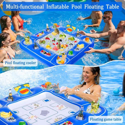 Miniatura 3 de Mesa de juego inflable para piscina con cartas impermeables (35.5 x 35.5 pulgadas, azul/blanco)
