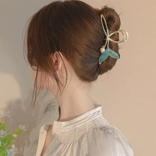 Miniatura 4 de Pinzas para el pelo de cola de pez azul con perla, pinzas de pelo de sirena para mujer, pinza de pelo de metal dorado grande, pinzas de sujeción