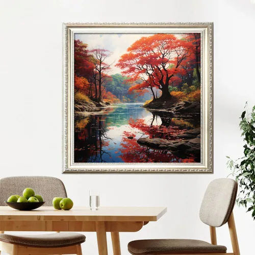 Miniatura 2 de Leczany Kit de estampado de punto de cruz para adultos, hermoso paisaje junto al río, patrones de bordado de bricolaje, kit de manualidades