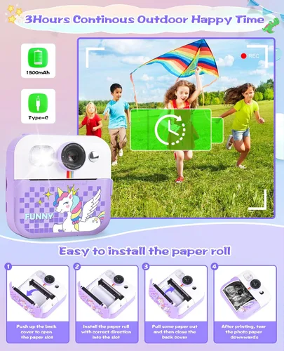 Miniatura 7 de Cámara de impresión instantánea, regalos de cumpleaños para niños y niñas, cámara de video digital HD 1080P para niños, juguetes para niñas de 4 a