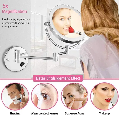 Miniatura 2 de Wall Mounted Makeup Mirror LED Touch Button Stepless Adjustable Light Double Sided 1X/5x Magnifying Vanity Mirror 360° Swivel Extendable for