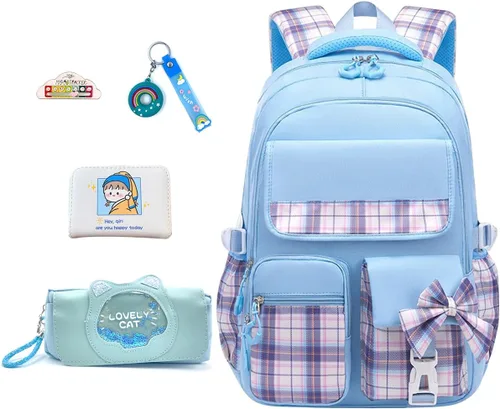 Mochila azul de 5 piezas para niñas escolares – Mochila Kawaii para escuela primaria para niños, lindas mochilas a cuadros para niñas, estudiantes,