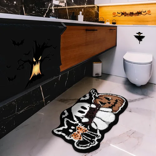 Miniatura 2 de Tapete de baño de gato negro, fantasma, calabaza, 21 x 32 pulgadas, suave y absorbente, tapete de baño de Halloween, antideslizante, lavable