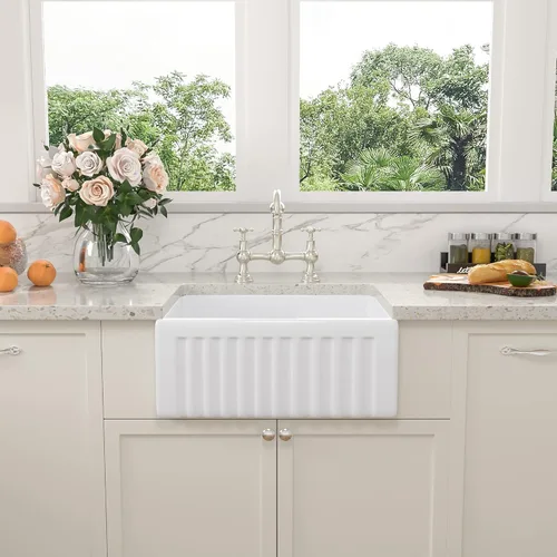 Miniatura 15 de Sarlai - Fregadero de cocina de granja blanco de 33 pulgadas, fregadero de 84 x 51 cm con delantal frontal de cerámica de porcelana vítrea